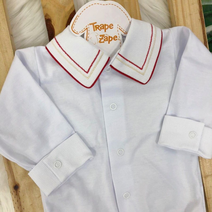 Body branco com gola bordado linhas vermelho e bege